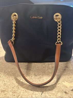 Calvin Klein Navy Shoulder Tote with Gold Chain & Brown Straps